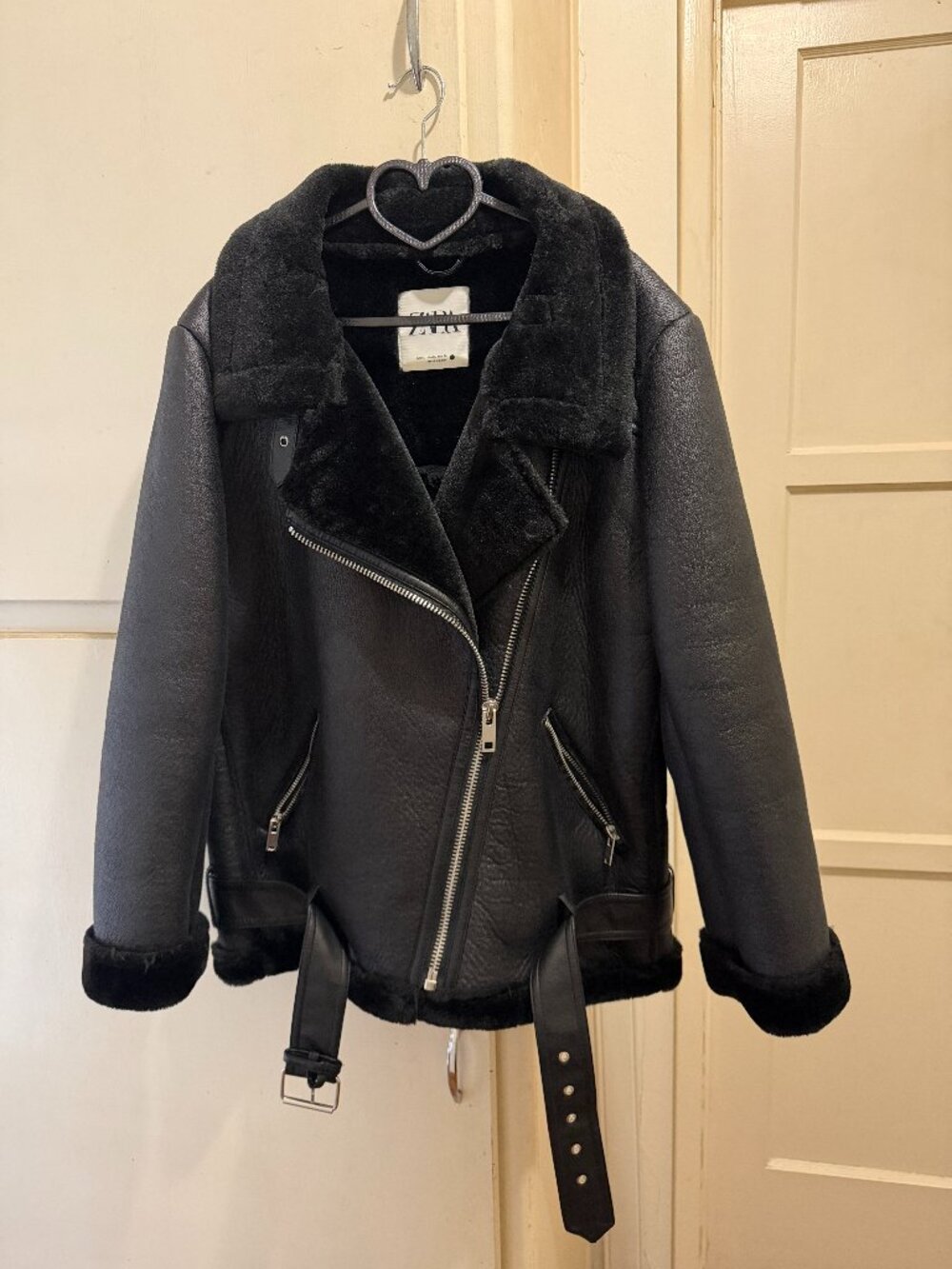 Zara Black Oversized Moto Jacket with belt
